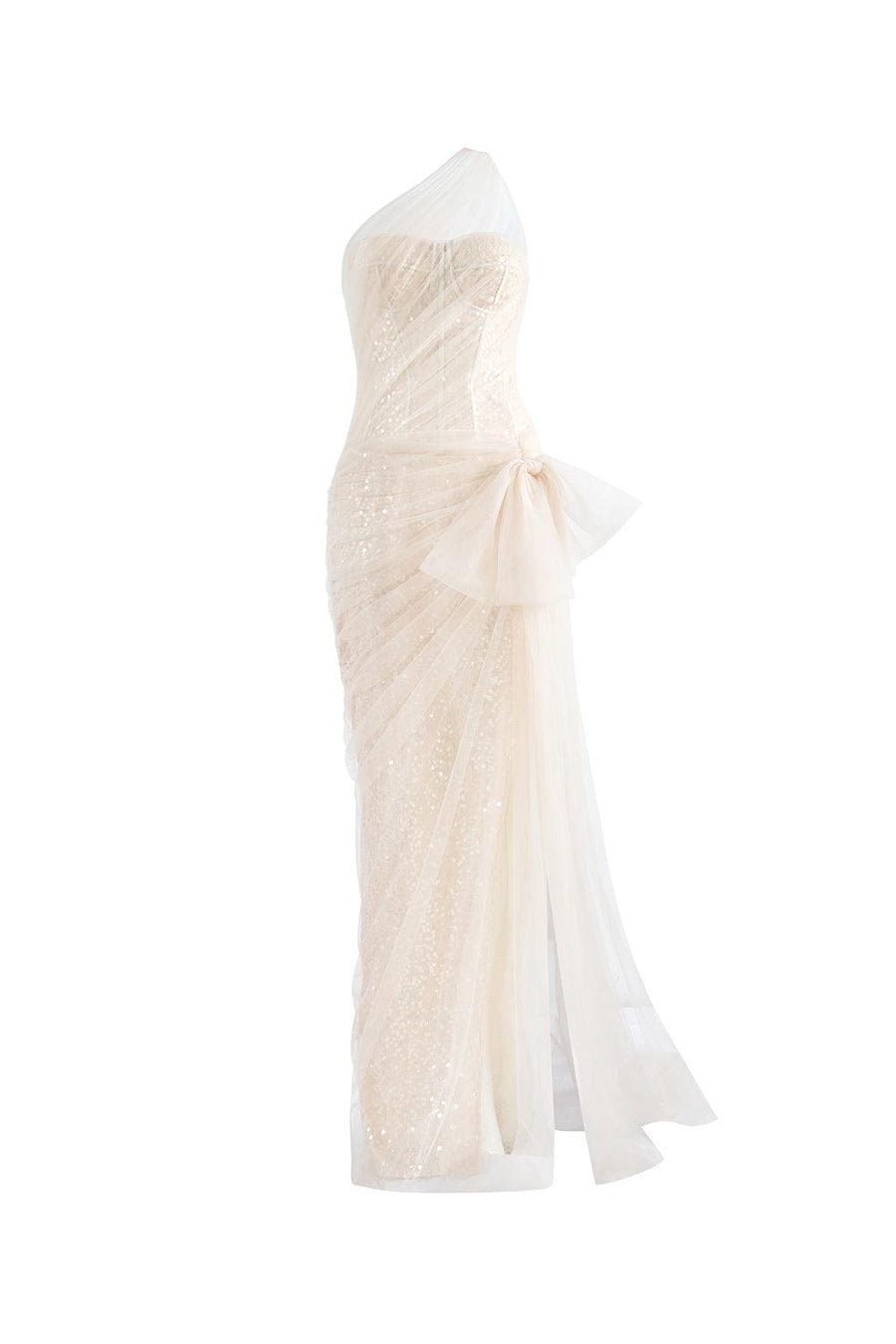 Luminelle Slit Extended Flap Mesh Lace Floor Length Dress Gown Dress Calista de Minh Thanh