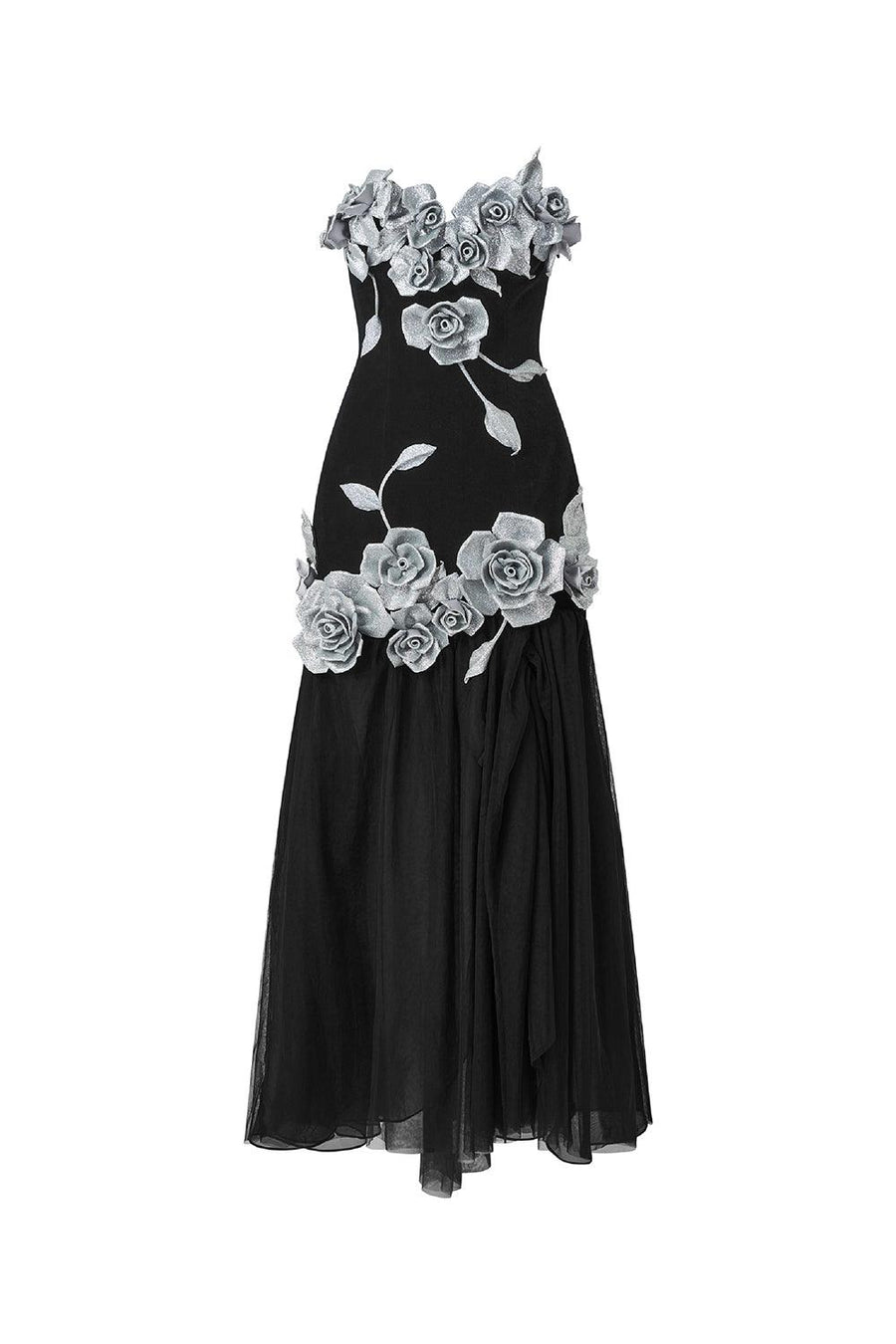 Joli Rose Drop Waist Flower Applique Velvet Ankle Length Dress 1