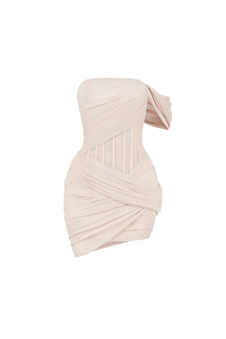 Ada Crossover Asymmetric Sleeved Mesh Spandex Mini Dress Mini Dress CEM