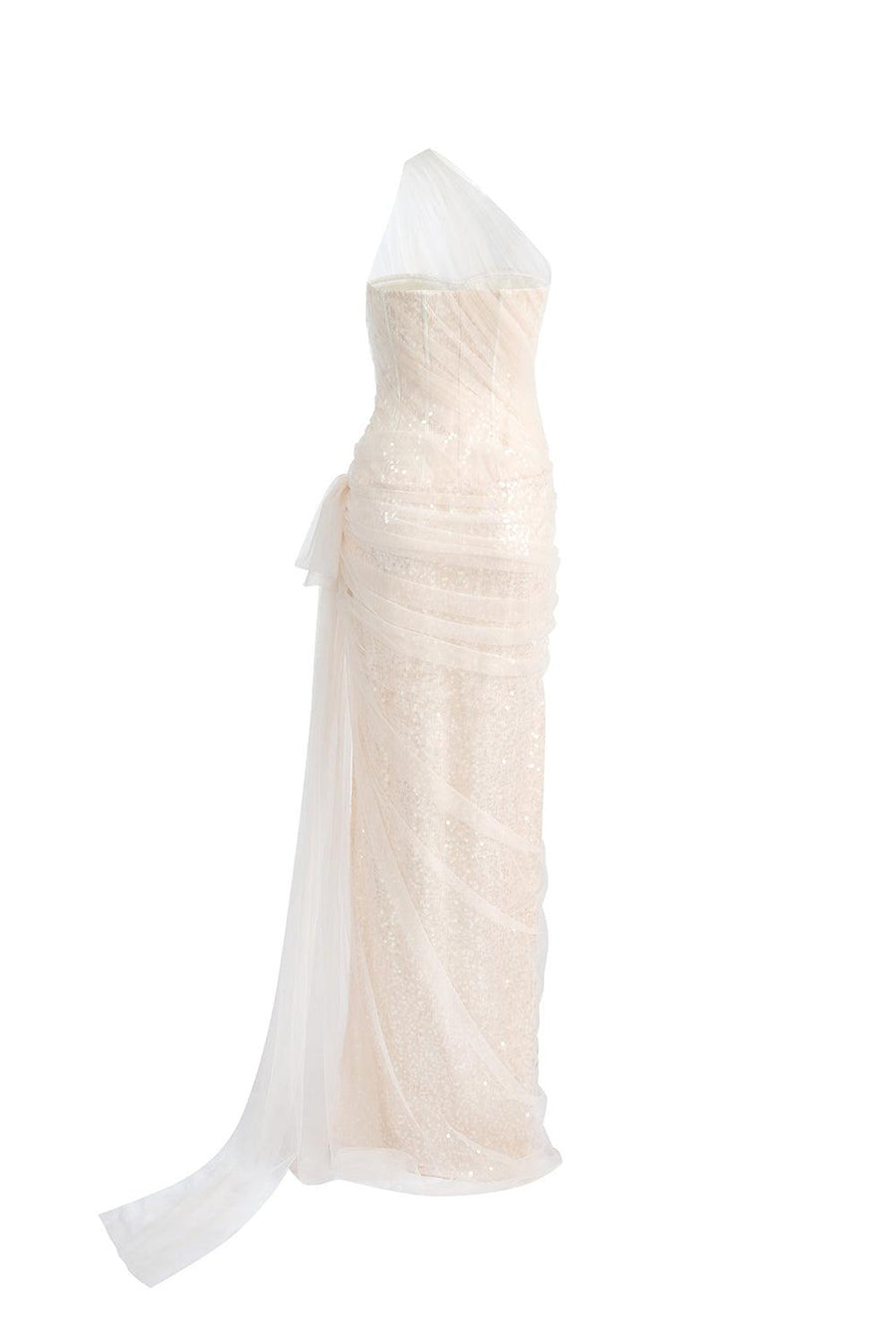 Luminelle Slit Extended Flap Mesh Lace Floor Length Dress Gown Dress Calista de Minh Thanh