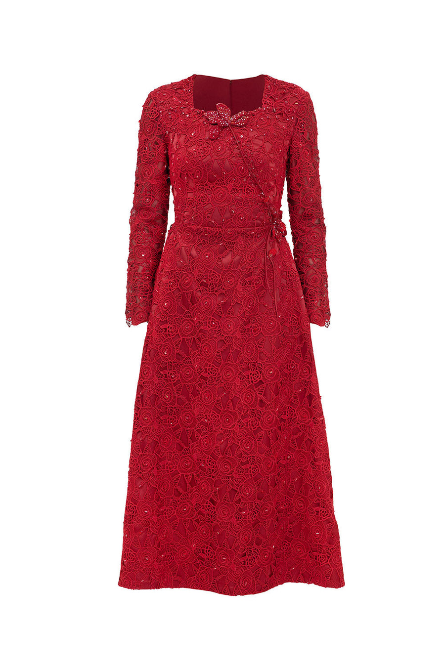 Starlit A-line Square Neck Lace Midi Dress Fiery Red Midi Dress IVY moda