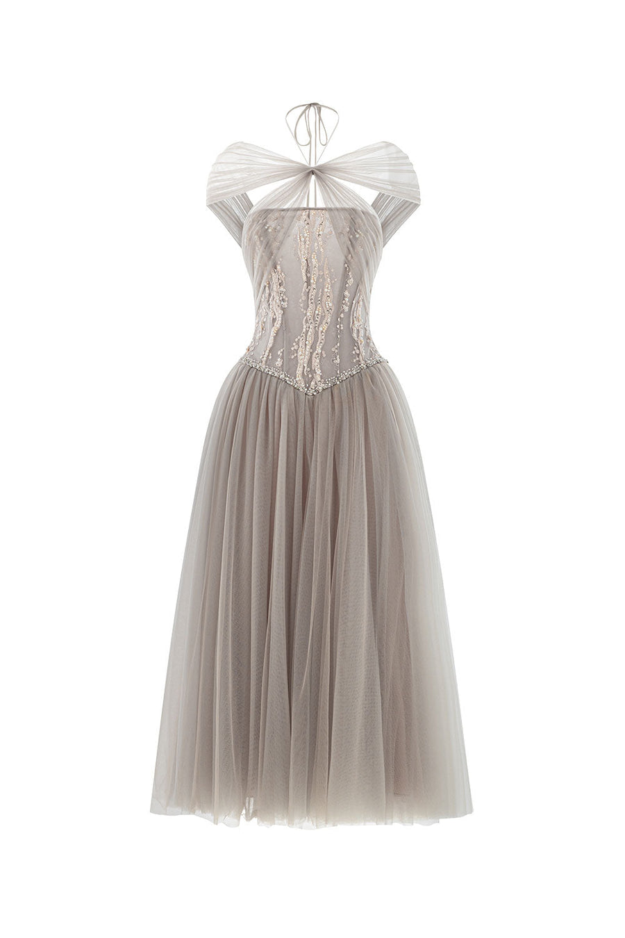 Sparkle A-line Corset Waist Tulle Ankle Length Dress Light Grey Maxi Dress LINH PHUNG