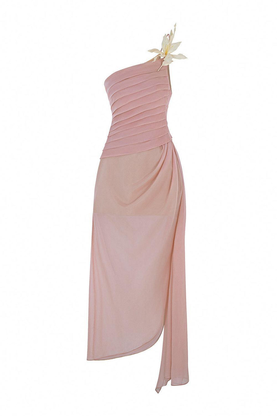 Vespera Slit One Shoulder Silk Calf Length Dress Midi Dress Calista de Minh Thanh