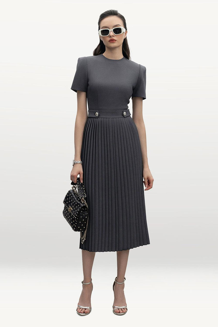 Gabriella Pleated Round Neck Punto Midi Dress 6