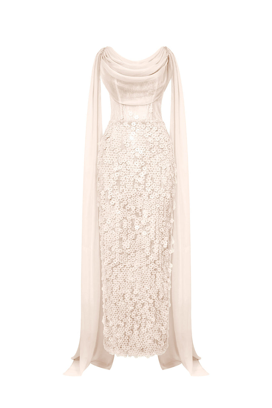 Solviva Sheath Cowl Neck Mesh Lace Ankle Length Dress Gown Dress Calista de Minh Thanh
