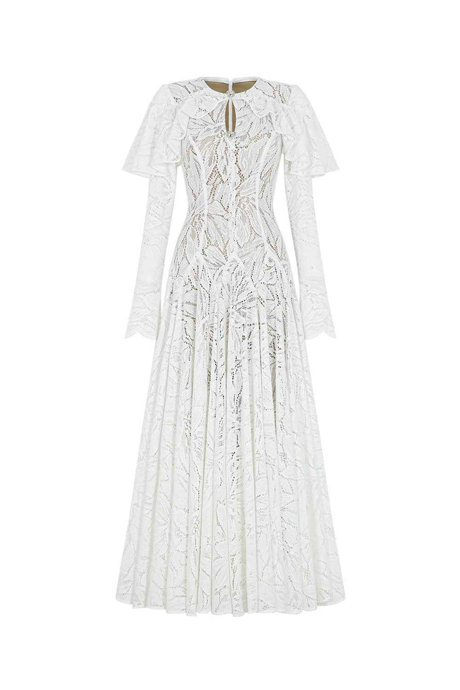 Lavina A-line Ruffle Sleeved Lace Ankle Length Dress White Maxi Dress LaLING
