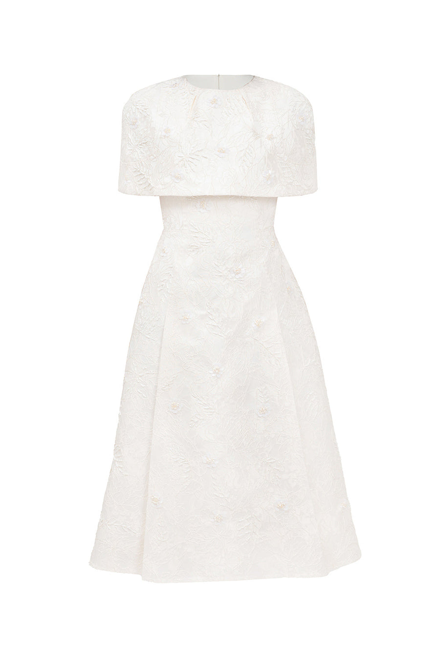 Sophia A-line Cape Shoulder Jacquard Calf Length Dress Ivory Midi Dress IVY moda