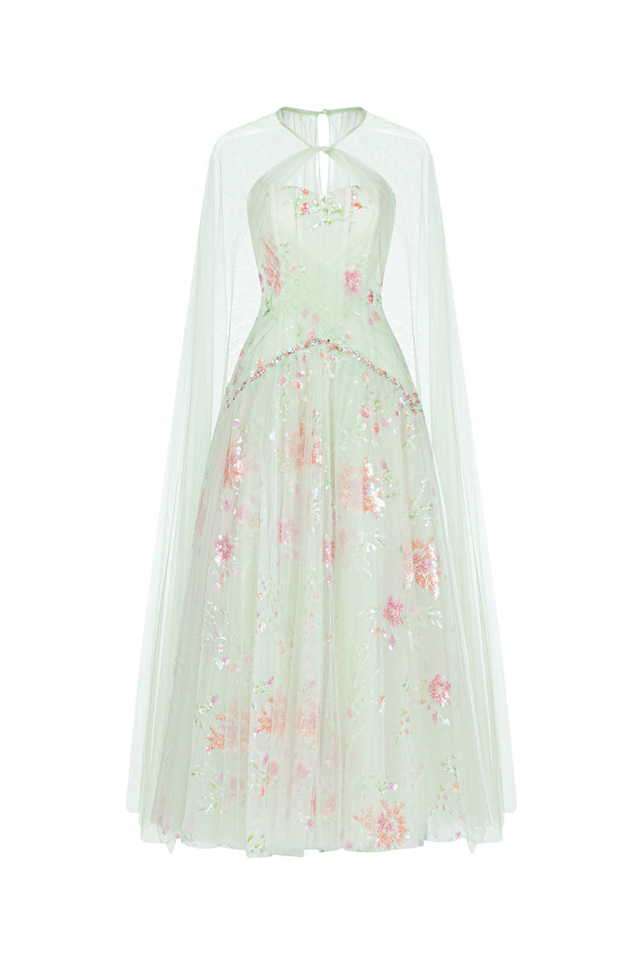 Jarfin A-line Cape Shoulder Tulle Midi Dress Pastel Green Floral Midi Dress LINH PHUNG