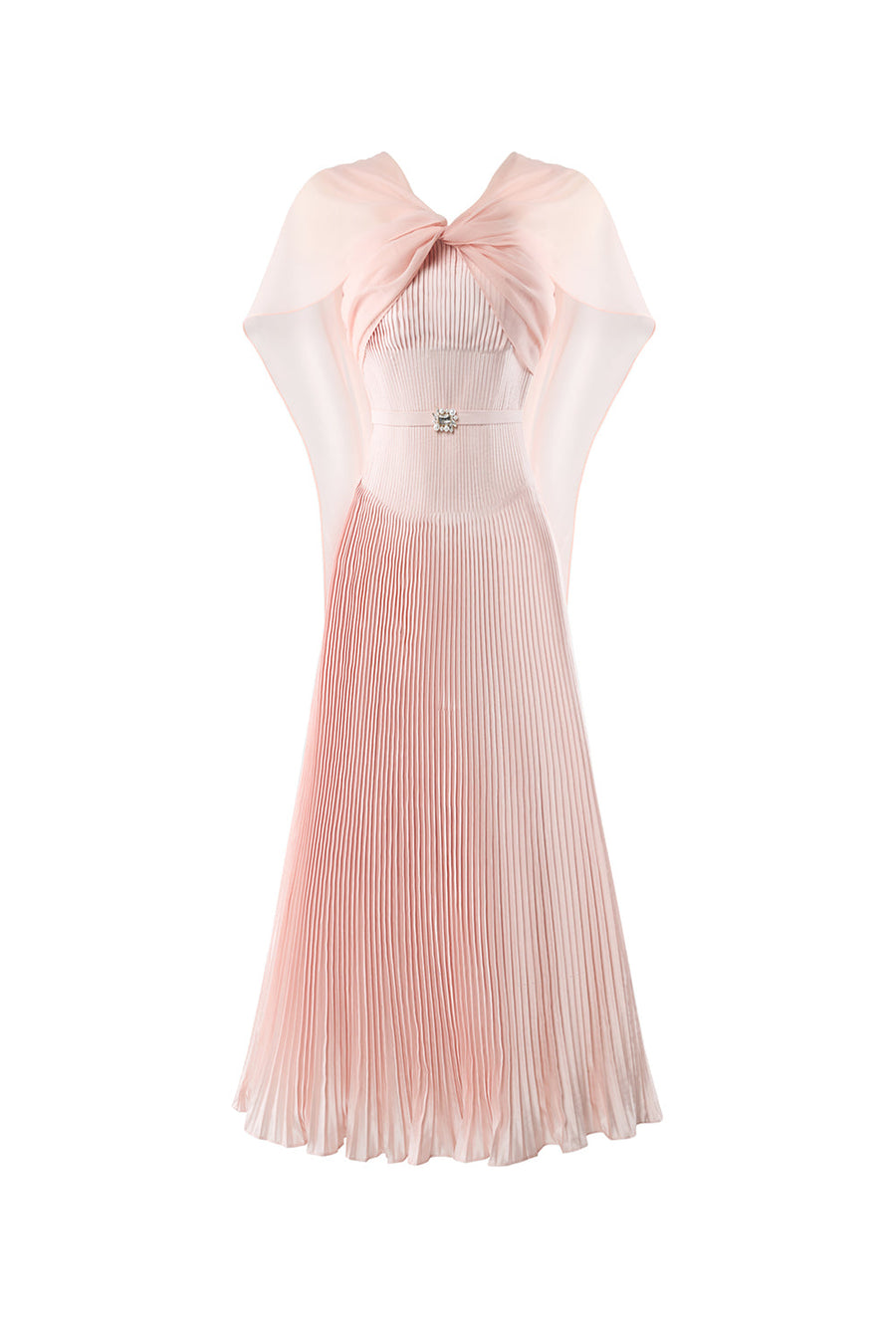 Rosaline Pleated Cape Sleeved Poly Organza Ankle Length Dress Coral Pink Maxi Dress Calista de Minh Thanh