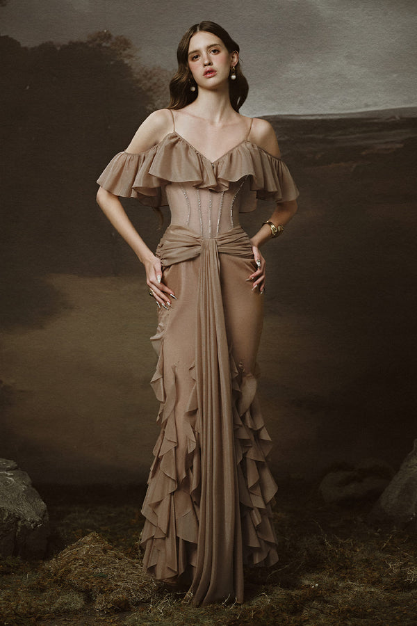 Gaia Sarong Ruffle Layer Chiffon Ankle Length Dress Maxi Dress LINH PHUNG