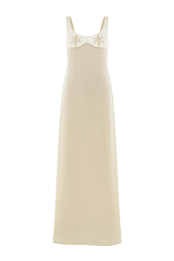 Snowy A-line Scoop Neck Mesh Silk Floor Length Dress