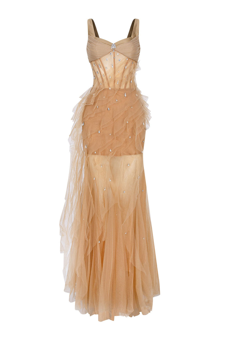 Marigold Gored Ruffle Layer Tulle Floor Length Dress Orange Brown Maxi Dress LINH PHUNG