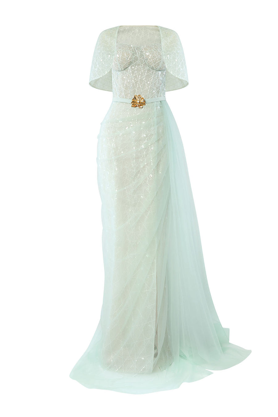Lyrixa Asymmetric Cape Shoulder Mesh Sequin Floor Length Dress Gown Dress Calista de Minh Thanh