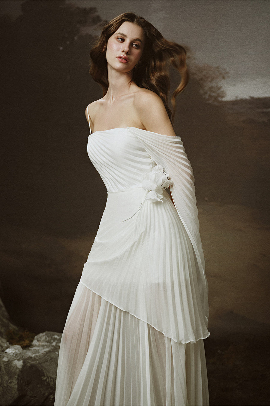 Elysia A-line Cold Shoulder Sleeved Chiffon Floor Length Dress Maxi Dress LINH PHUNG