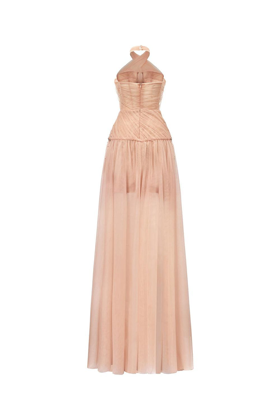 Uranette Gathered Criss Cross Neck Mesh Floor Length Dress Gown Dress Calista de Minh Thanh