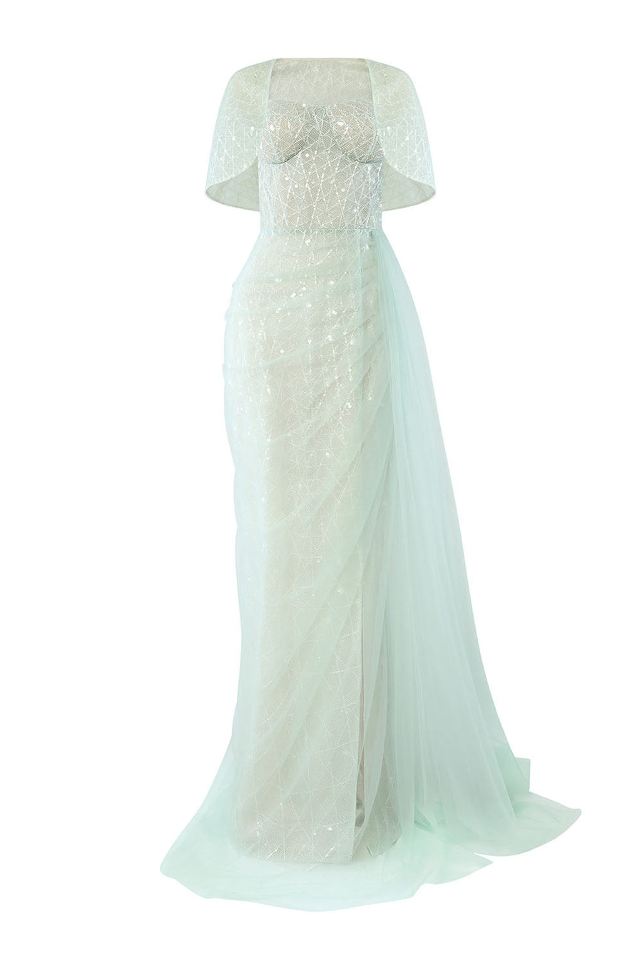 Lyrixa Asymmetric Cape Shoulder Mesh Sequin Floor Length Dress Gown Dress Calista de Minh Thanh