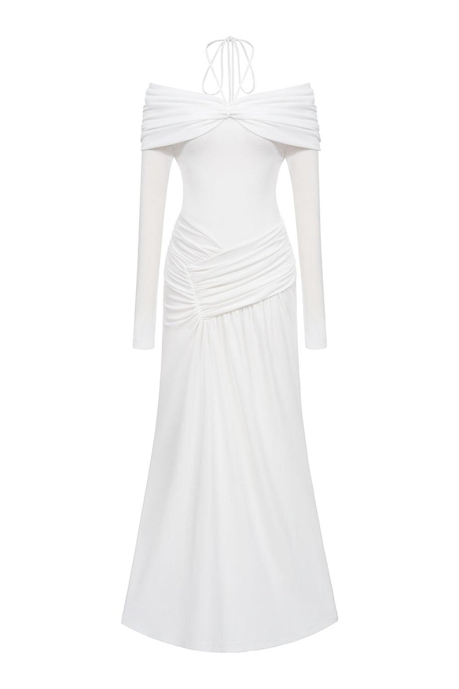 Minerva A-line Gathered Rib Knit Ankle Length Dress White Maxi Dress Eegen Studio