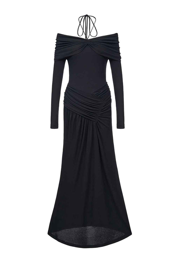 Minerva A-line Gathered Rib Knit Ankle Length Dress Maxi Dress Eegen Studio