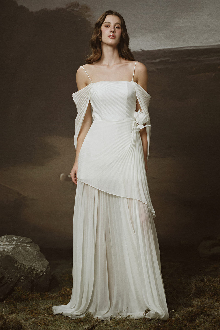 Elysia A-line Cold Shoulder Sleeved Chiffon Floor Length Dress Maxi Dress LINH PHUNG