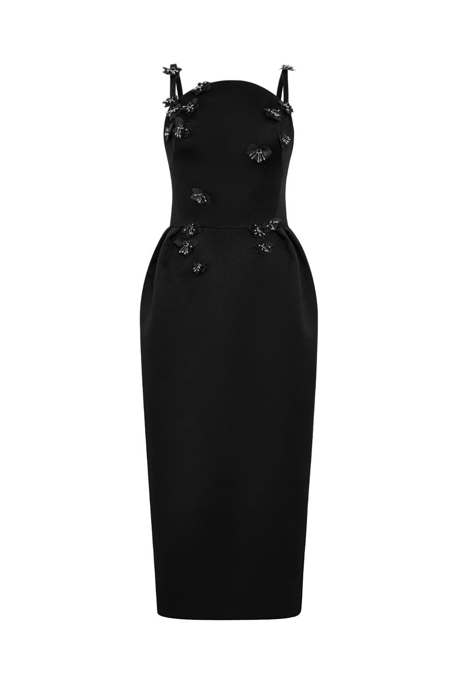 Beaded Pegged Flower Applique Taffeta Midi Dress Black Midi Dress CHYMEOCHY