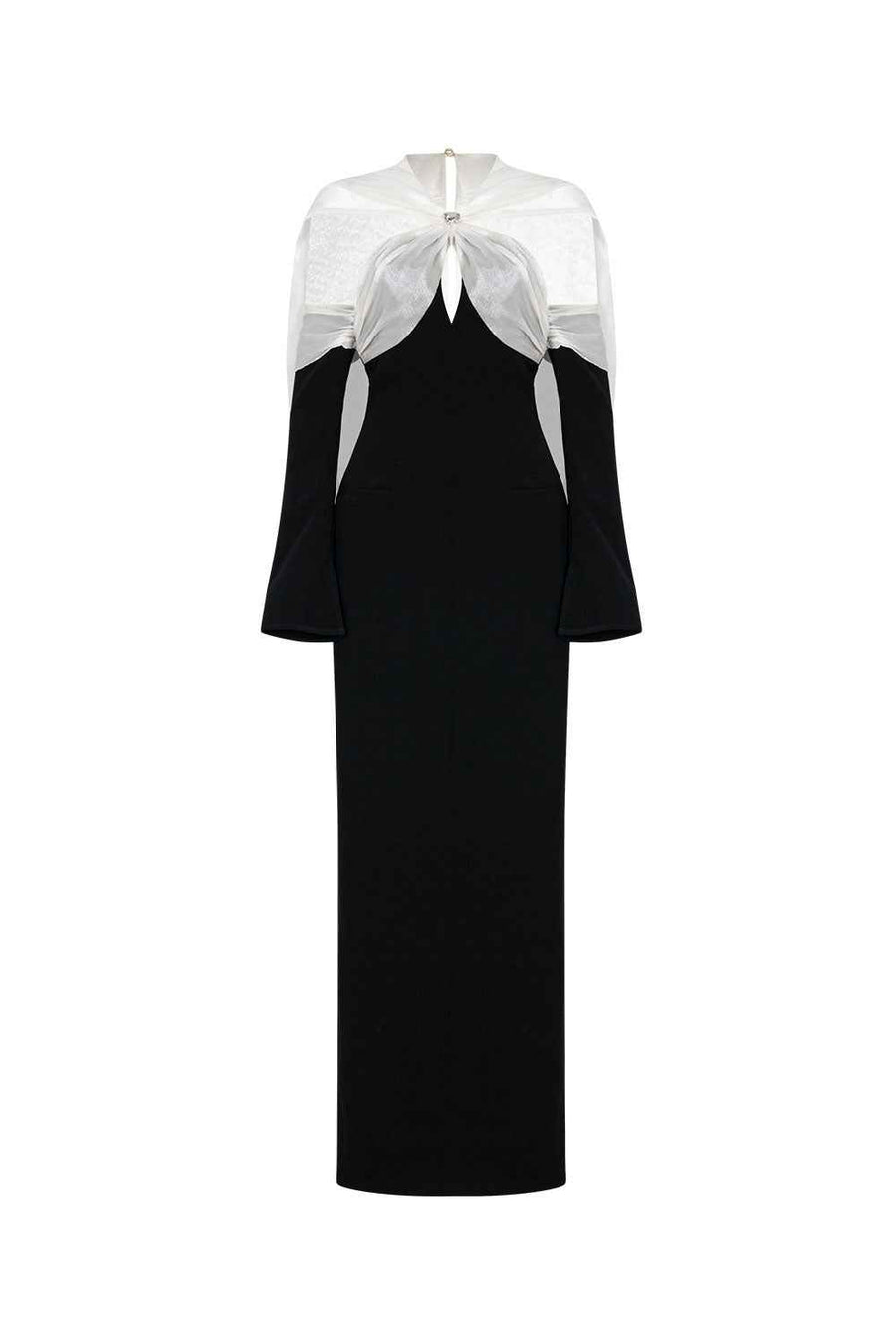 Mysty Straight Cape Shoulder Polycotton Ankle Length Dress Black and White Maxi Dress LaLING