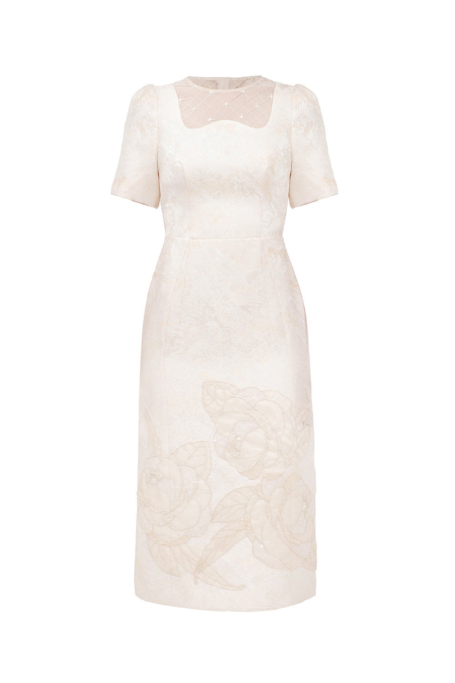 Jennifer Sheath Round Neck Jacquard Midi Dress Ivory Brocade Midi Dress IVY moda