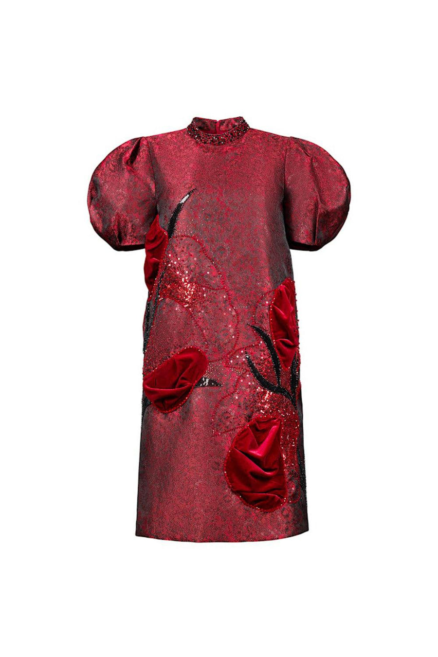 Risa Trapezoid Puffy Sleeved Jacquard Below The Knee Dress Knee Length Dress CHANCOS