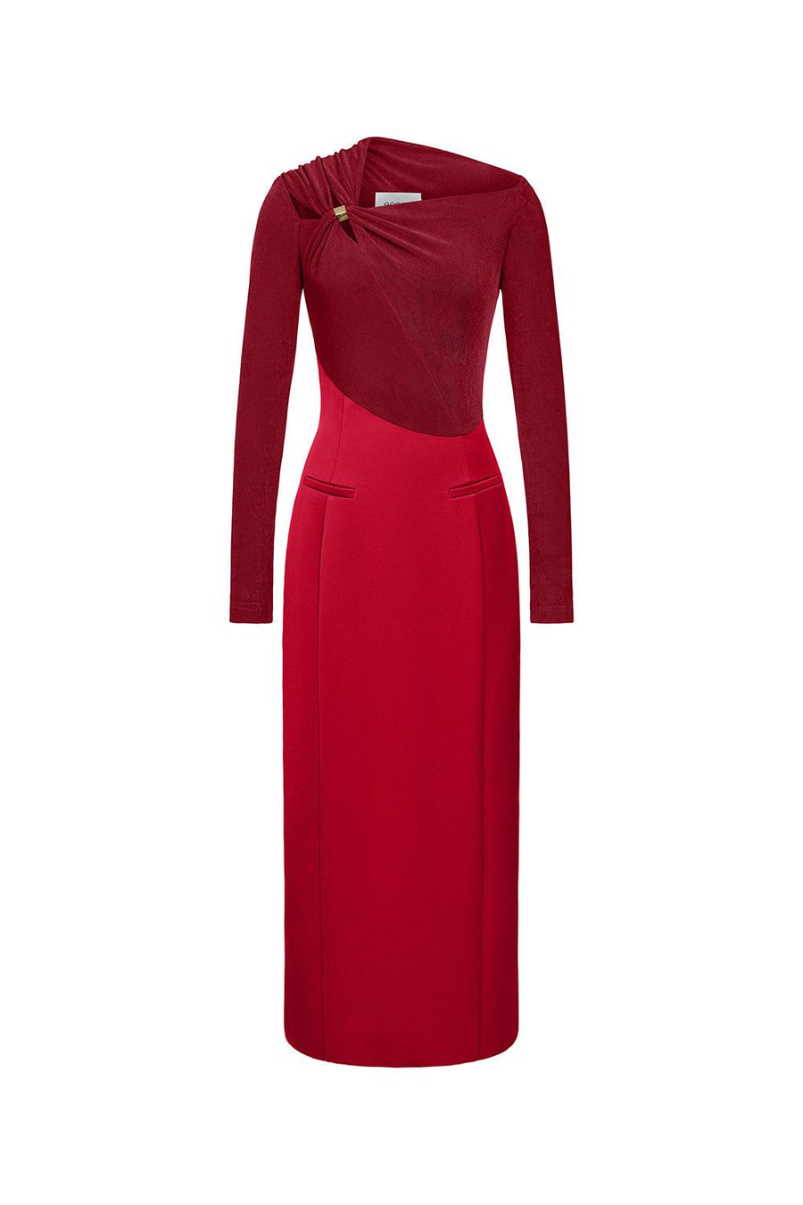 Eleanor Sheath Asymmetric Neck Taffeta Midi Dress Red Midi Dress Eegen Studio