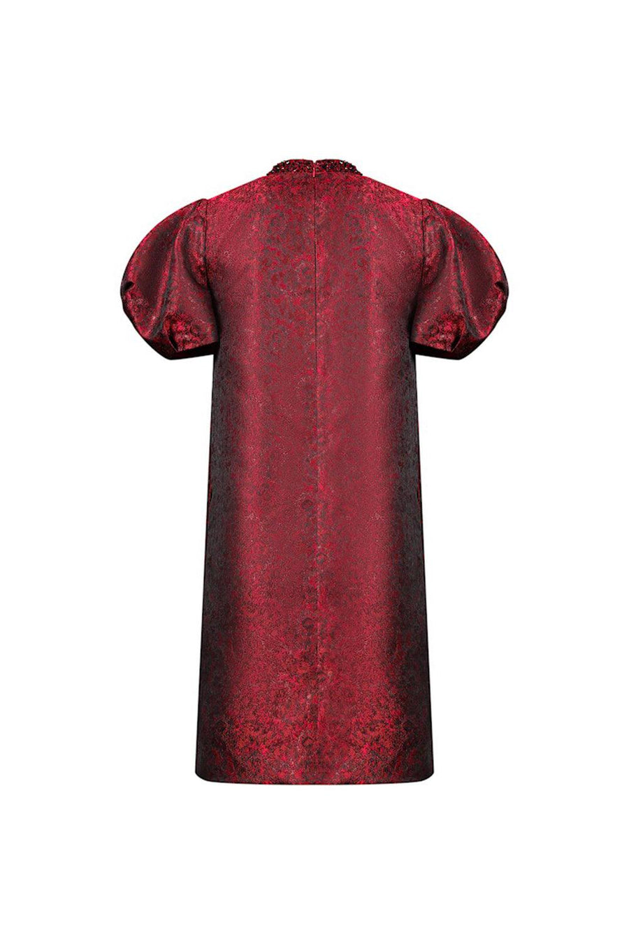 Risa Trapezoid Puffy Sleeved Jacquard Below The Knee Dress Knee Length Dress CHANCOS