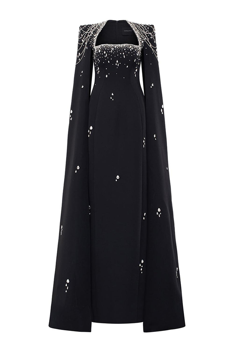 Cisneros Cape Queen Anne Neck Velvet Satin Floor Length Dress 1