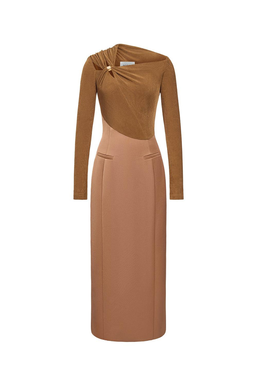 Eleanor Sheath Asymmetric Neck Taffeta Midi Dress Brown Midi Dress Eegen Studio