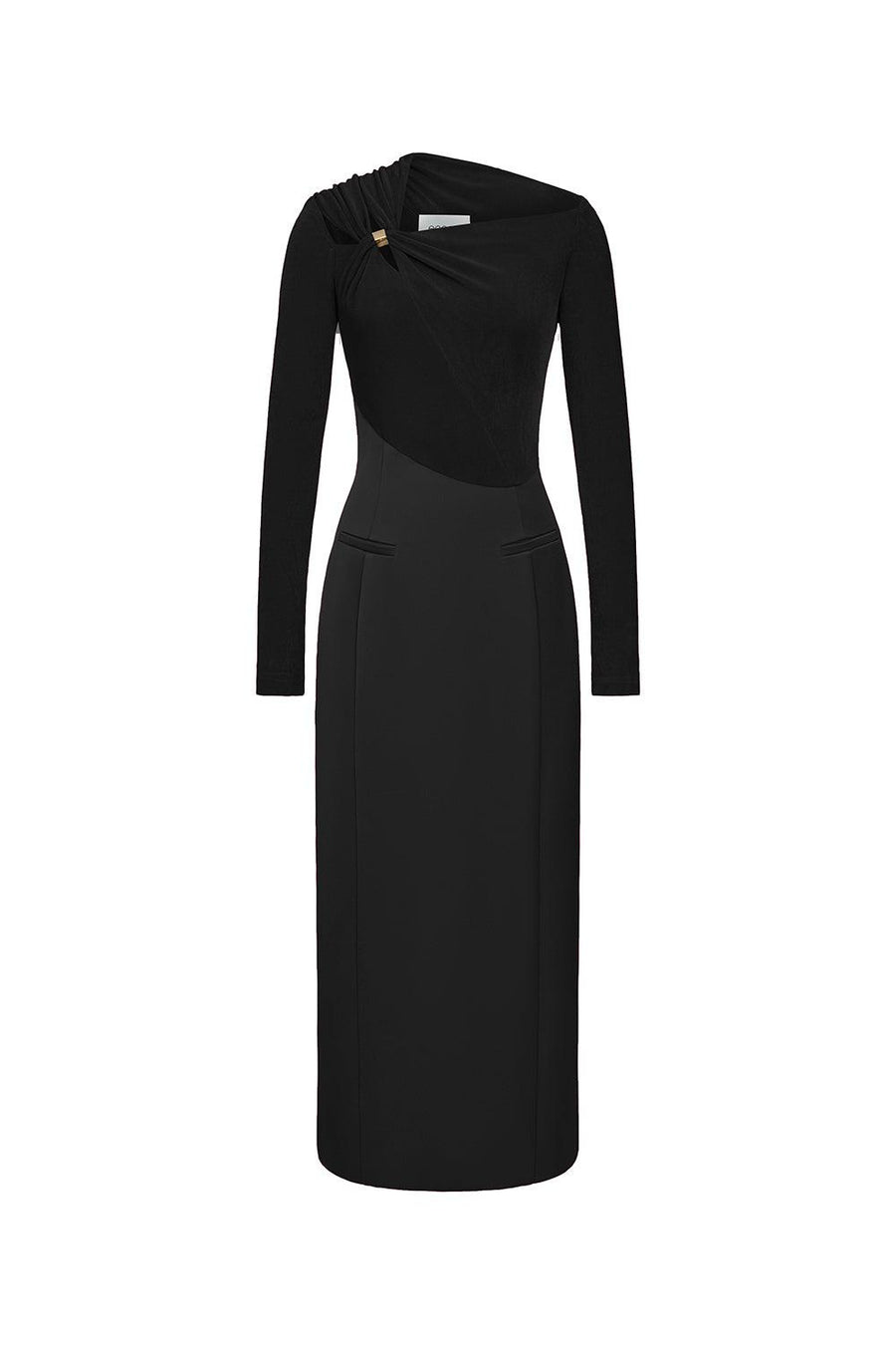 Eleanor Sheath Asymmetric Neck Taffeta Midi Dress Black Midi Dress Eegen Studio