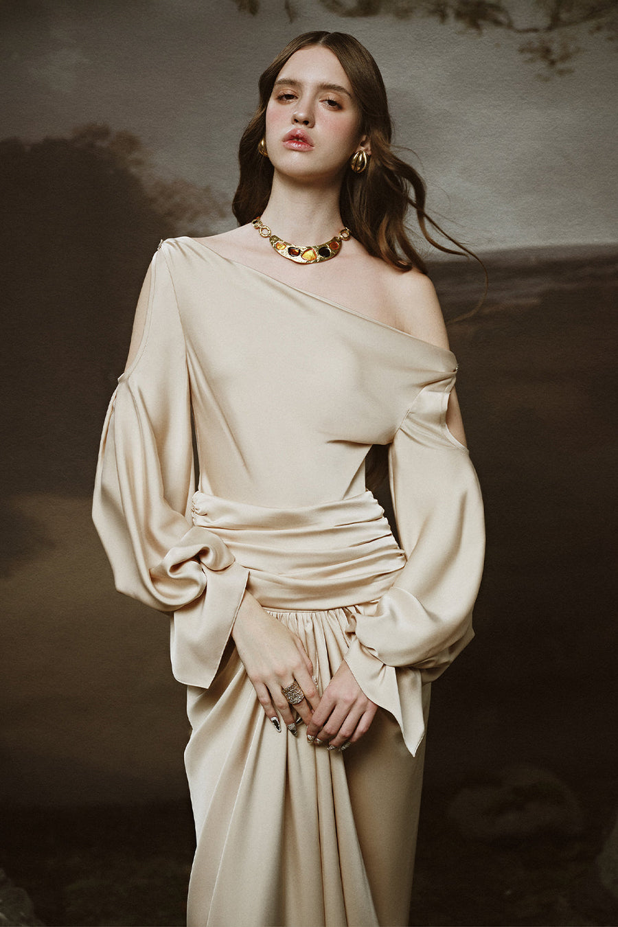 Chroma Sarong Asymmetric Neck Satin Floor Length Dress Maxi Dress LINH PHUNG