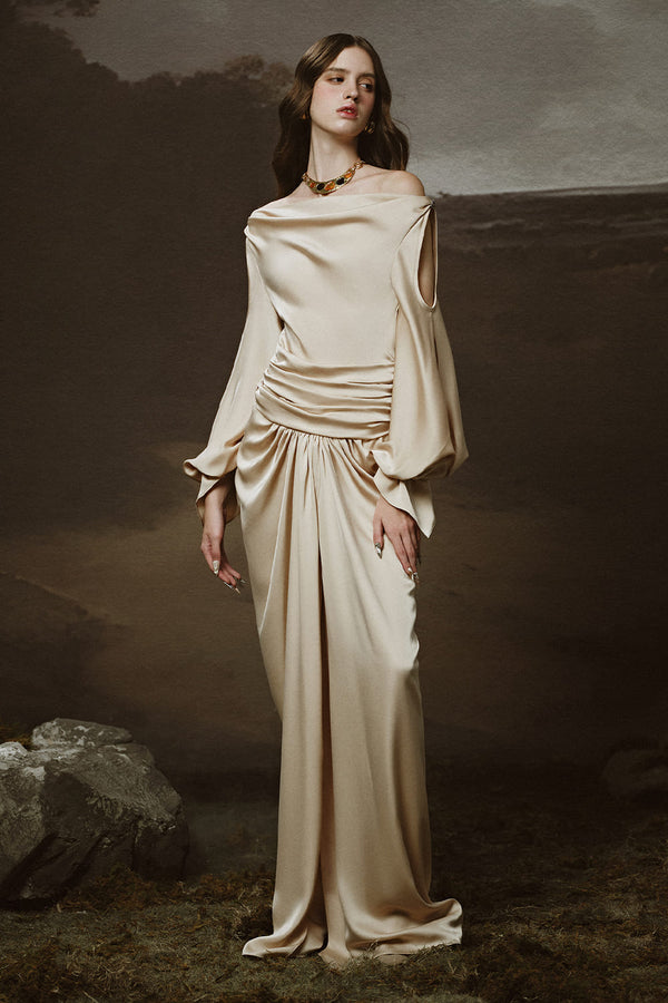 Chroma Sarong Asymmetric Neck Satin Floor Length Dress Maxi Dress LINH PHUNG