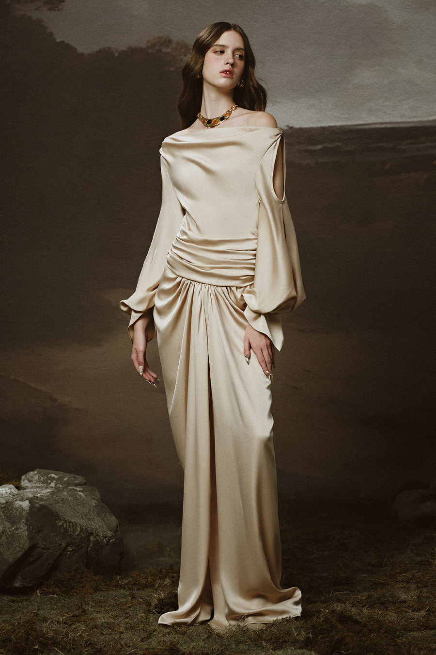 Chroma Sarong Asymmetric Neck Satin Floor Length Dress Maxi Dress LINH PHUNG