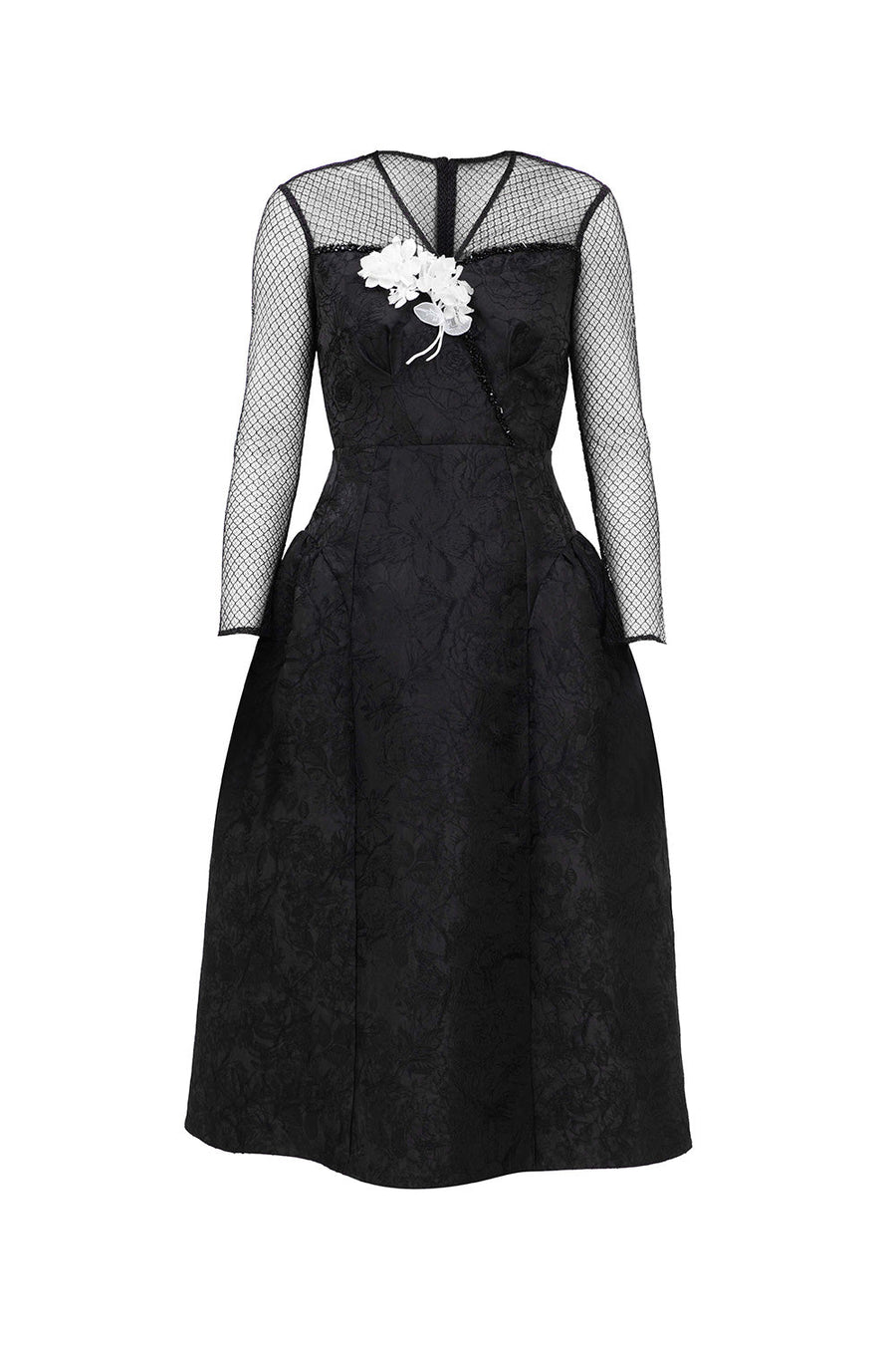 Orchid A-line V-Neck Jacquard Calf Length Dress Black Midi Dress IVY moda