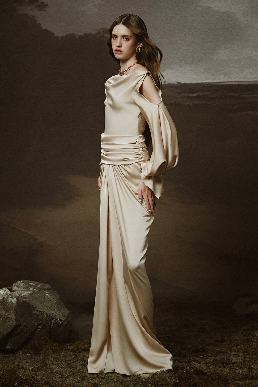 Chroma Sarong Asymmetric Neck Satin Floor Length Dress Champagne Maxi Dress LINH PHUNG