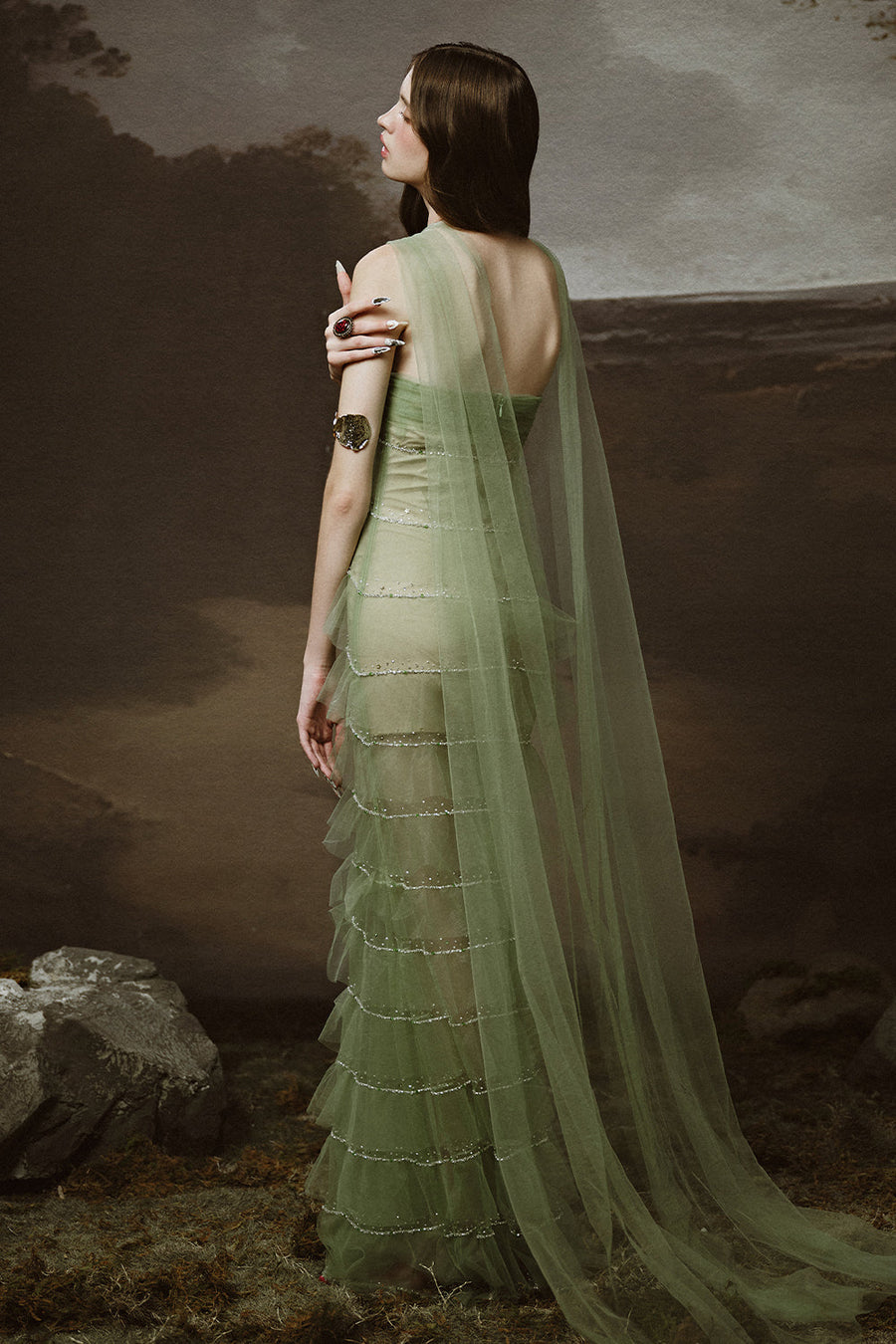 Sabrina Tiered Halter Neck Tulle Floor Length Dress Maxi Dress LINH PHUNG