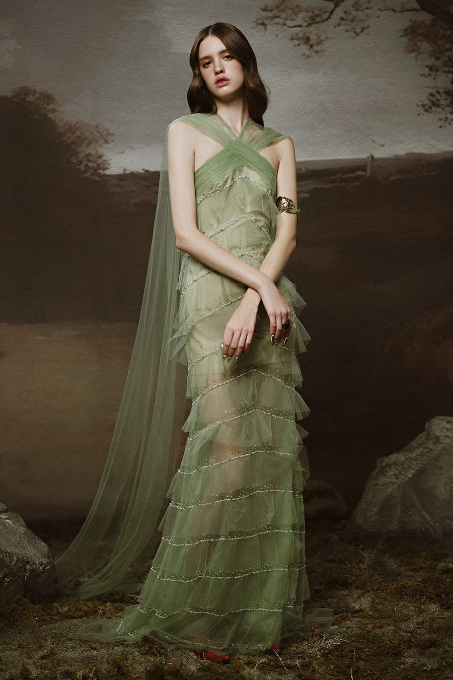 Sabrina Tiered Halter Neck Tulle Floor Length Dress Maxi Dress LINH PHUNG