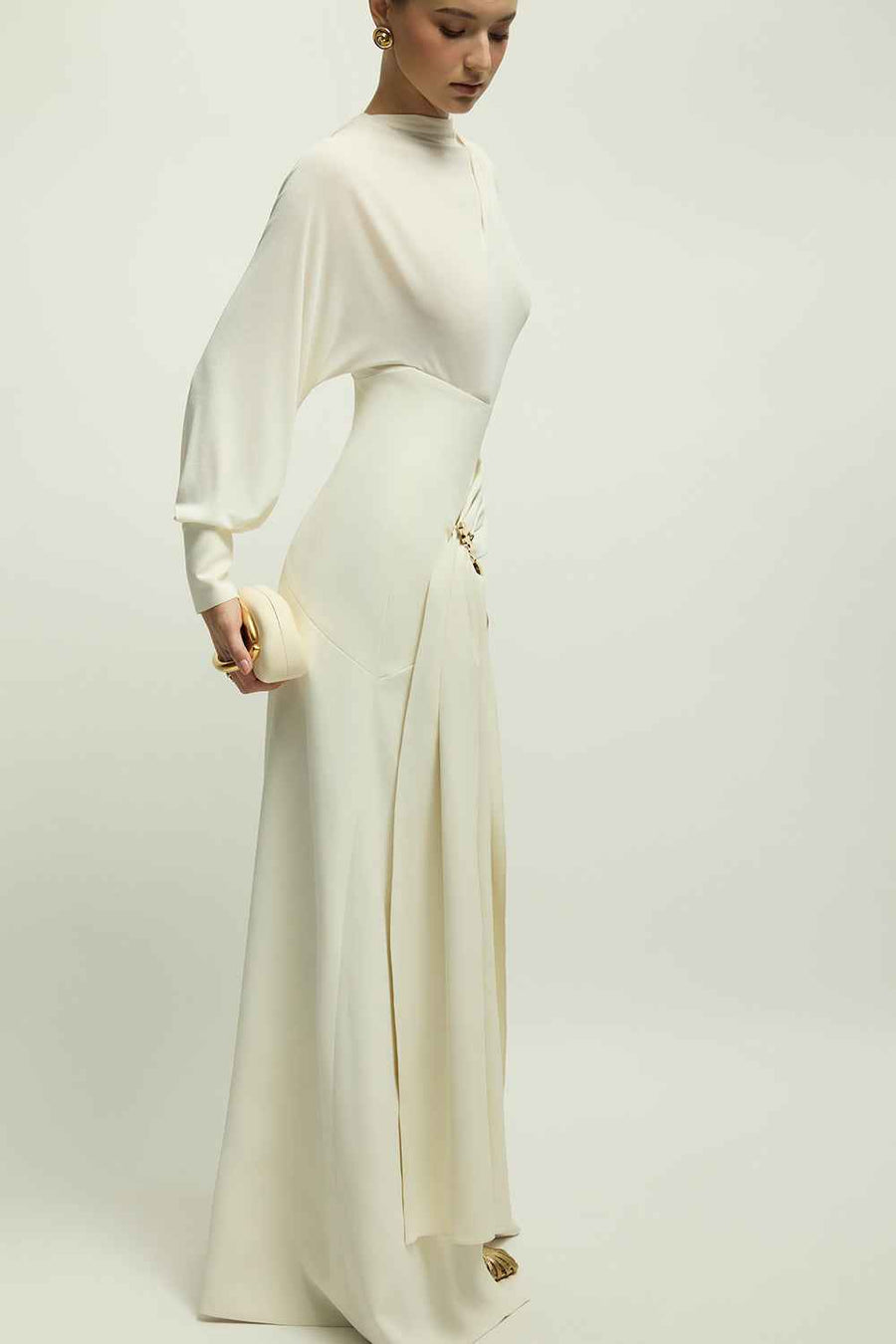Orlean Asymmetric Sleeve Draped Maxi Dress