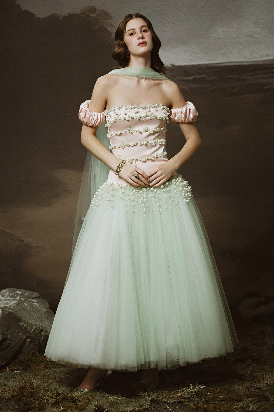 Persephone Drop Waist Puffy Sleeved Tulle Ankle Length Dress Gown Dress LINH PHUNG