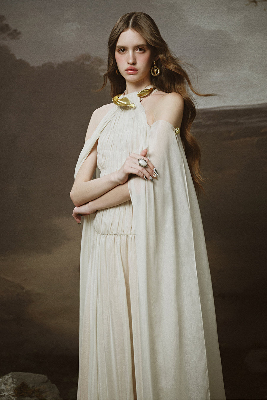 Lunaria A-line Cape Shoulder Chiffon Floor Length Dress Maxi Dress LINH PHUNG