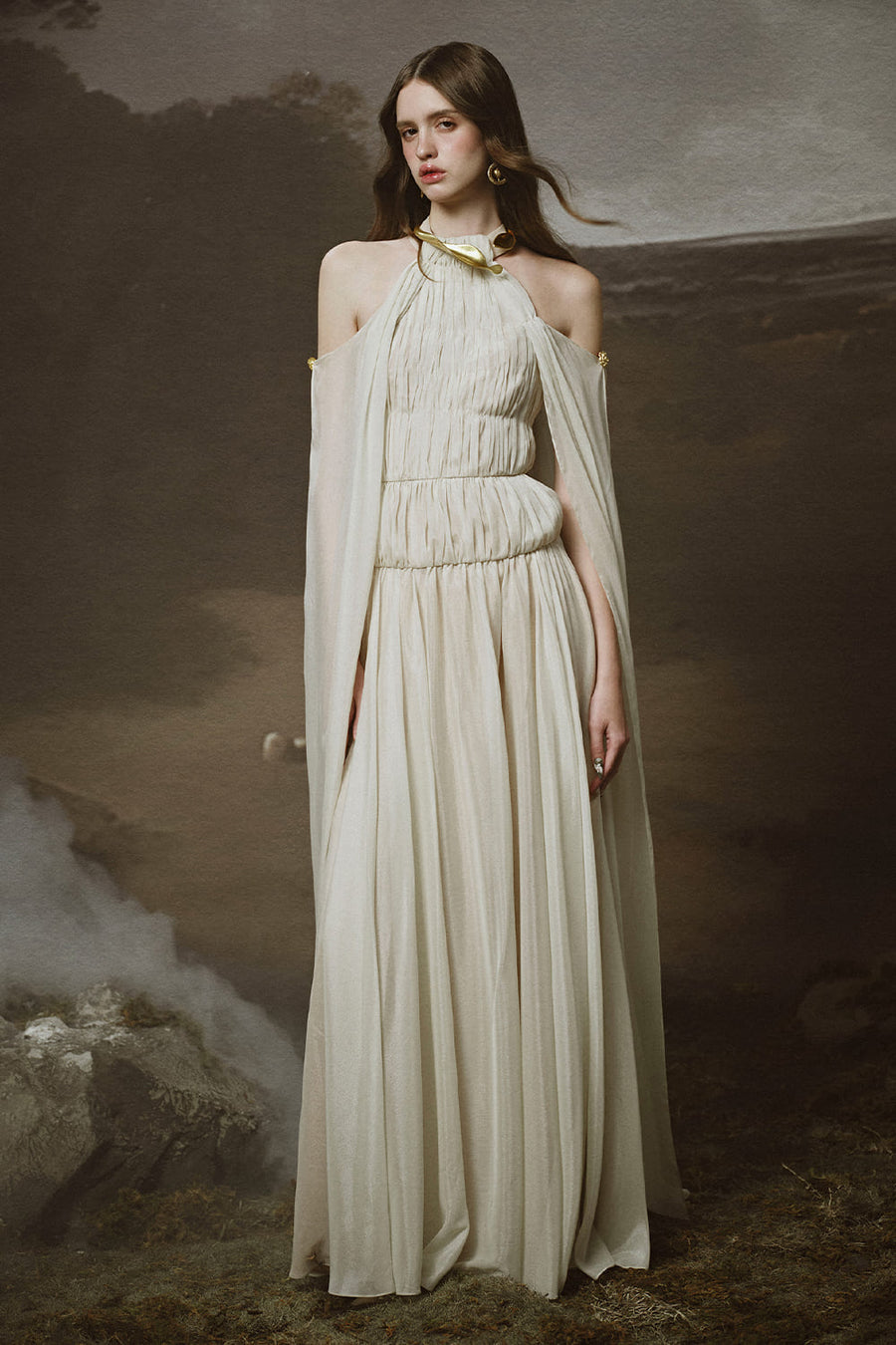 Lunaria A-line Cape Shoulder Chiffon Floor Length Dress Maxi Dress LINH PHUNG
