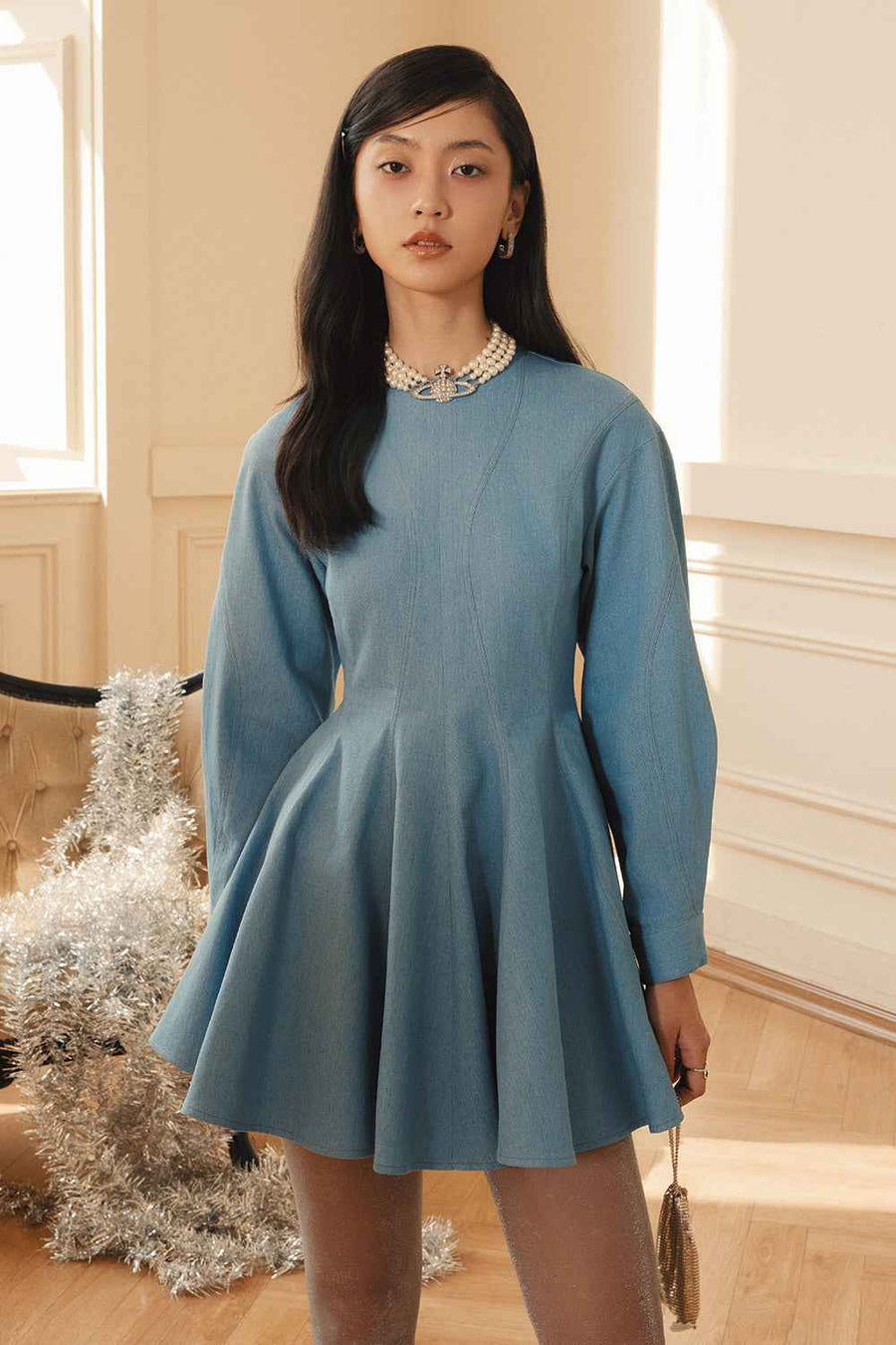 Fiona Round Neck Pleated Mini Dress