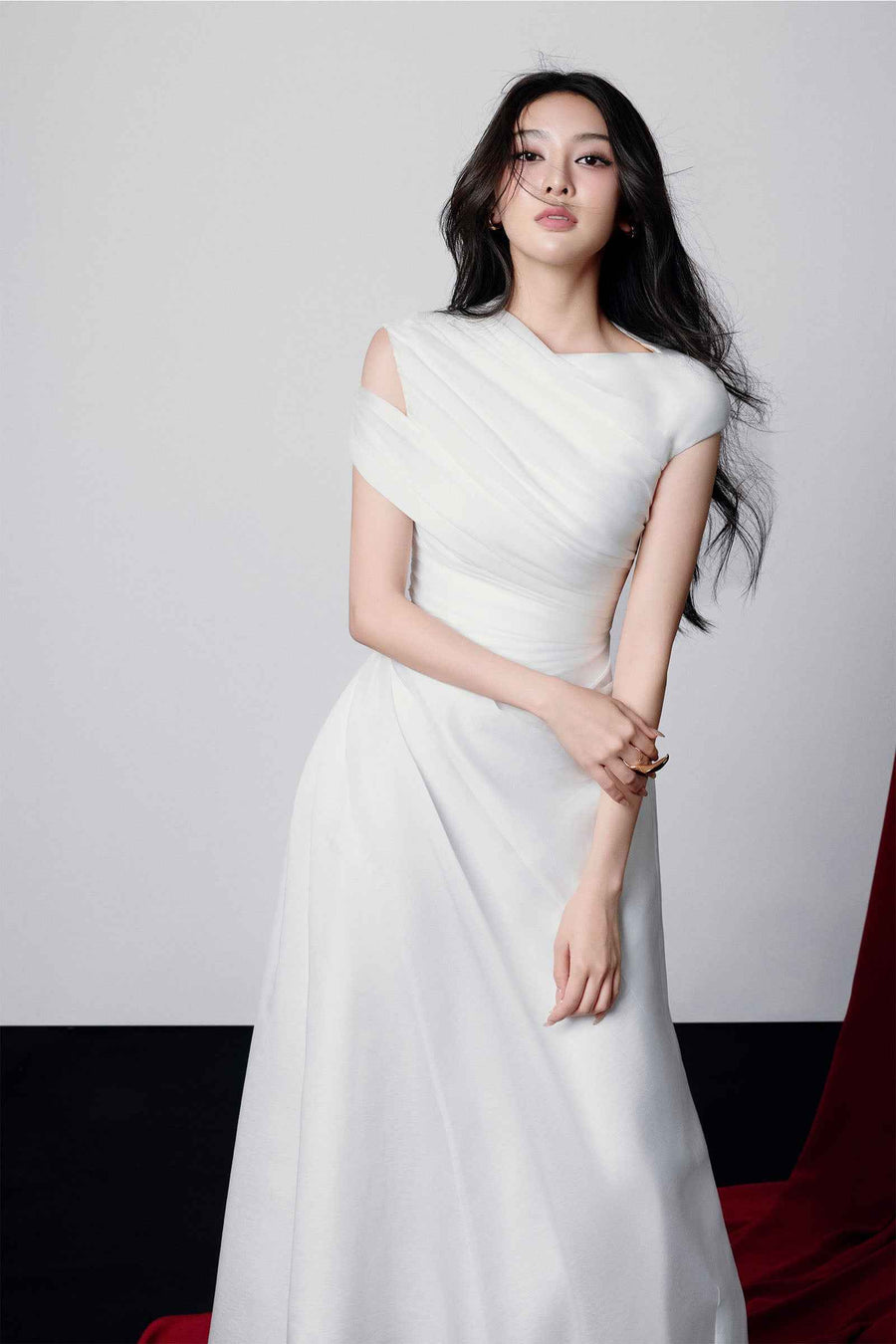 Maia Asymmetric Sleeve Draped Midi Dress