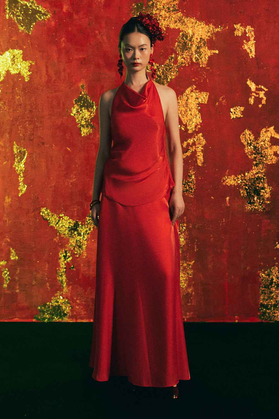 Hong Nhan Cowl Neck Synthetic Silk Top