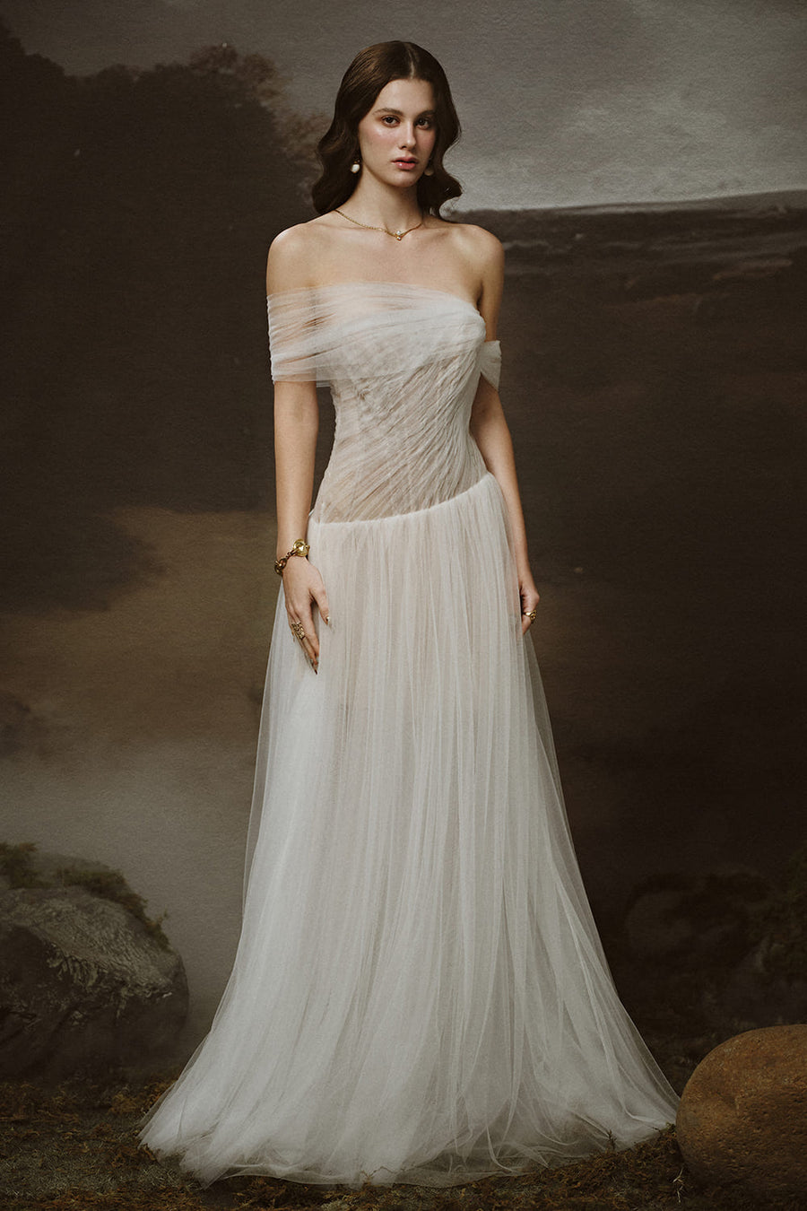 Seraphine A-line Asymmetric Shoulder Tulle Floor Length Dress Gown Dress LINH PHUNG