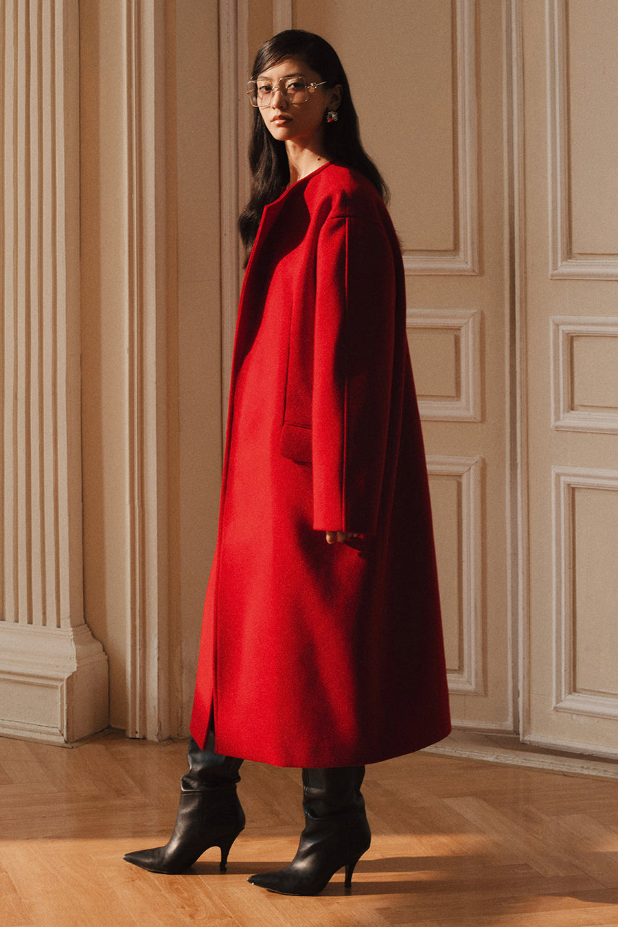 Evelyn Asymmetric Neck Wool Trench Coat 6