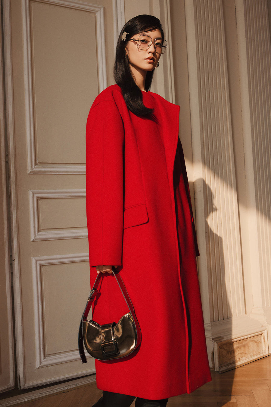 Evelyn Asymmetric Neck Wool Trench Coat 5
