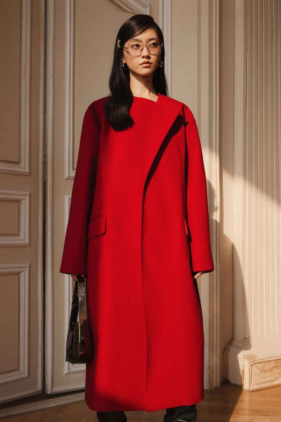 Evelyn Asymmetric Neck Wool Trench Coat